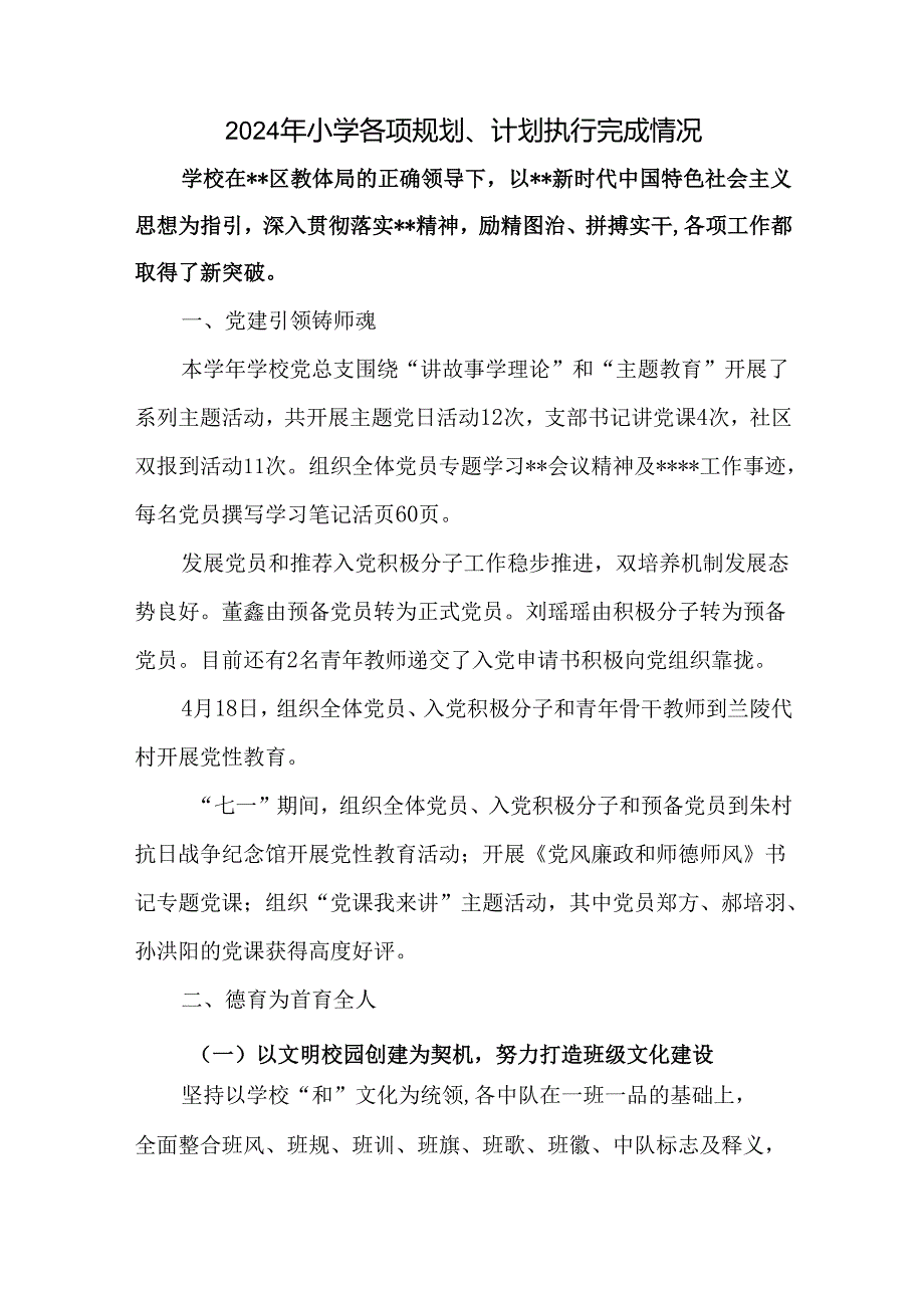 2024年小学各项规划、计划执行完成情况.docx_第1页