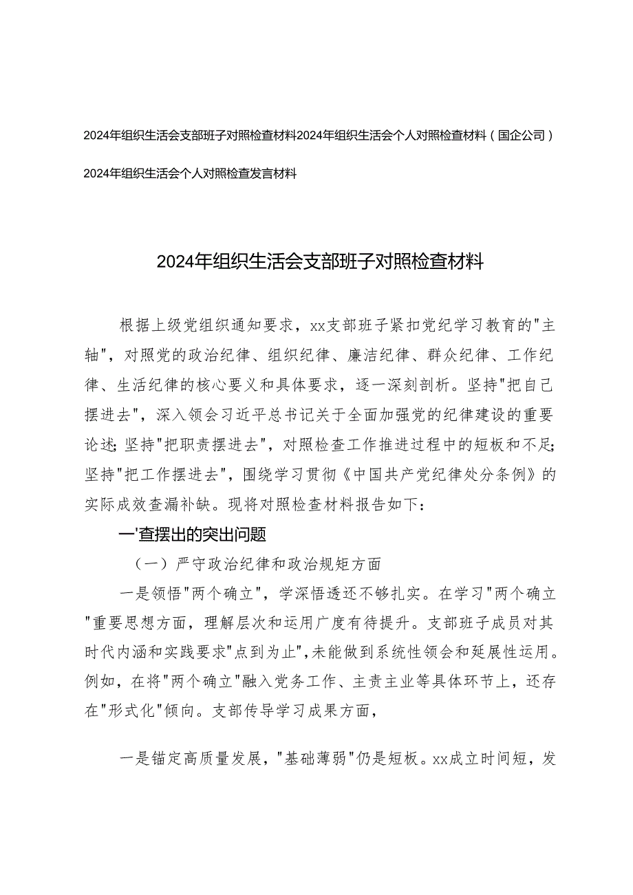 2025年组织生活会支部班子对照检查材料+组织生活会个人对照检查材料（国企公司）.docx_第1页