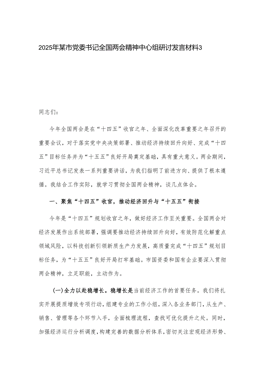 2025年某市党委书记全国两会精神中心组研讨发言材料3篇.docx_第1页
