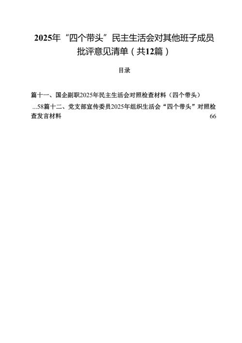 （12篇）2025年“四个带头”民主生活会对其他班子成员批评意见清单范文.docx