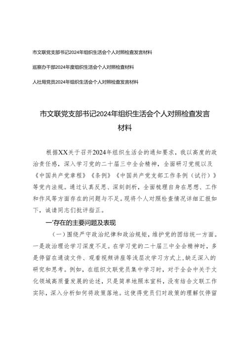 文联党支部书记、巡察办干部、20242025年组织生活会个人对照检查发言材料.docx