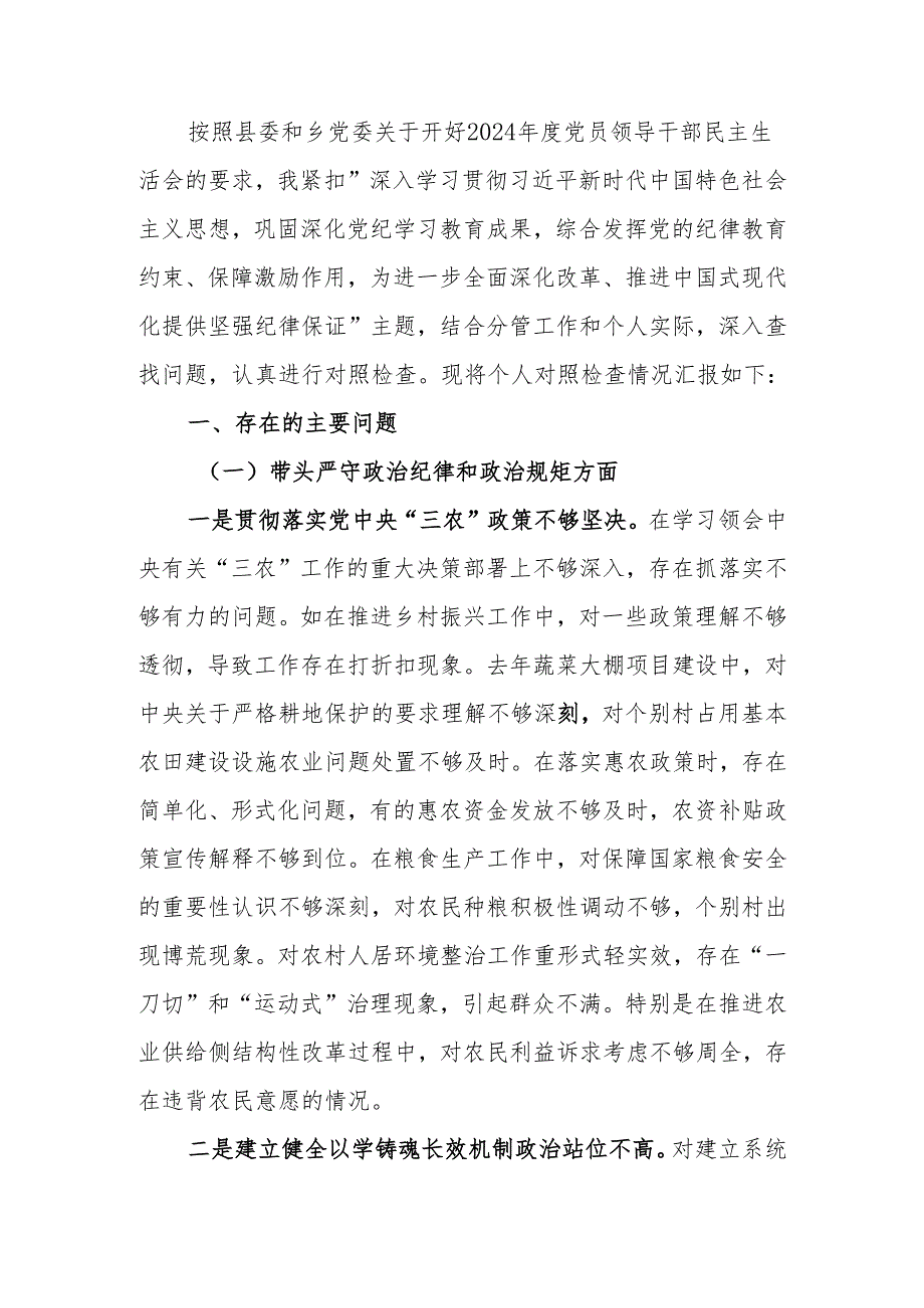 最新副乡长2024年民主生活检查材料发言材料（四个带头）可编辑文档.docx_第1页