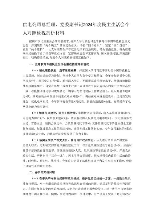 供电公司总经理、党委副书记2024民主生活会个人对照检视剖析材料.docx
