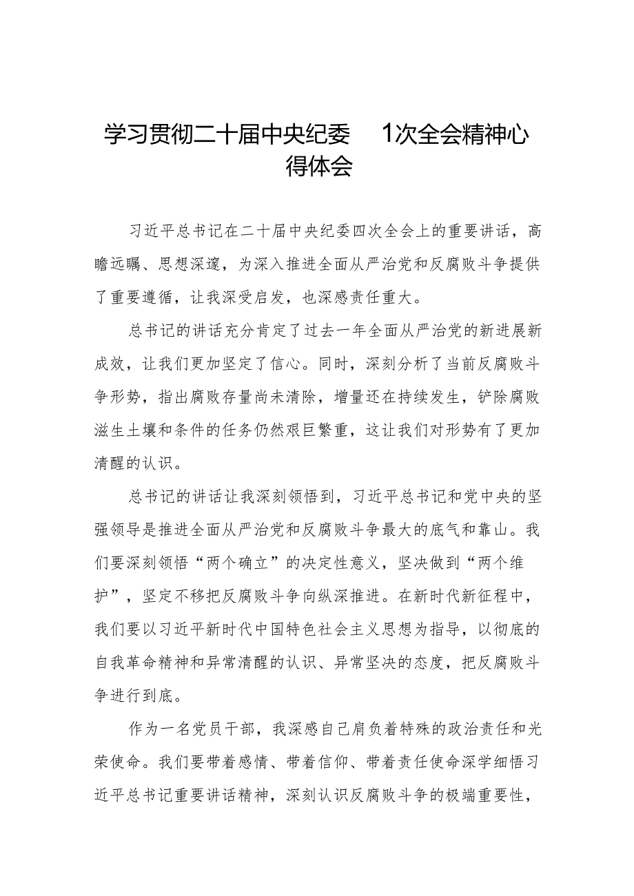 纪检监察干部学习二十中央纪委四次全会重要精神的心得体会14篇.docx_第1页