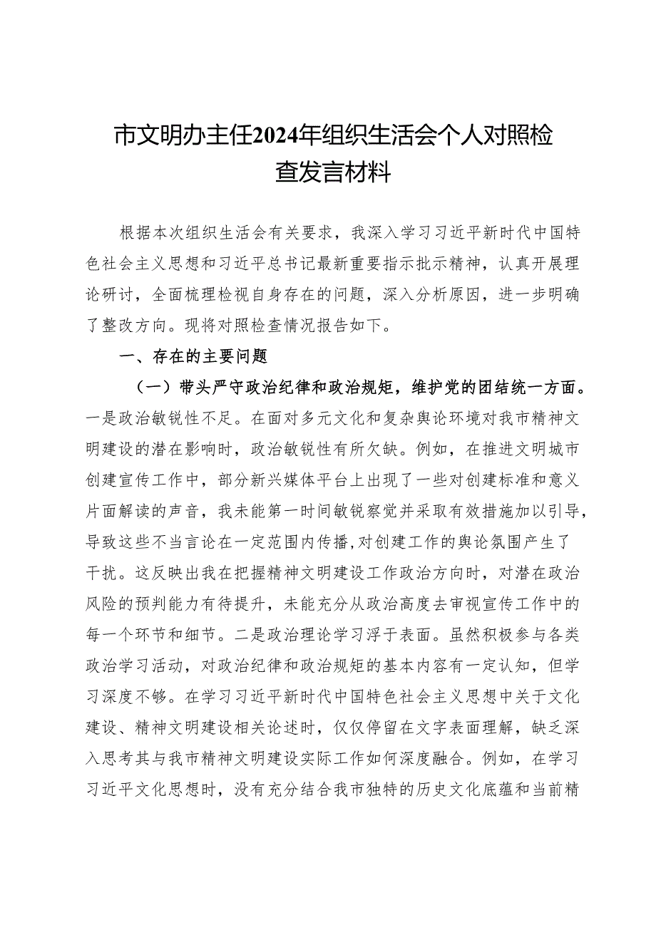 市文明办主任2024年组织生活会个人对照检查发言材料.docx_第1页