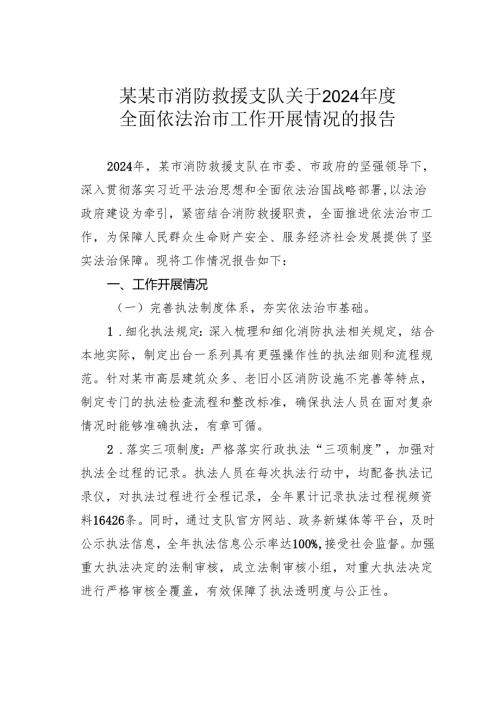 某某市消防救援支队关于2024全面依法治市工作开展情况的报告.docx