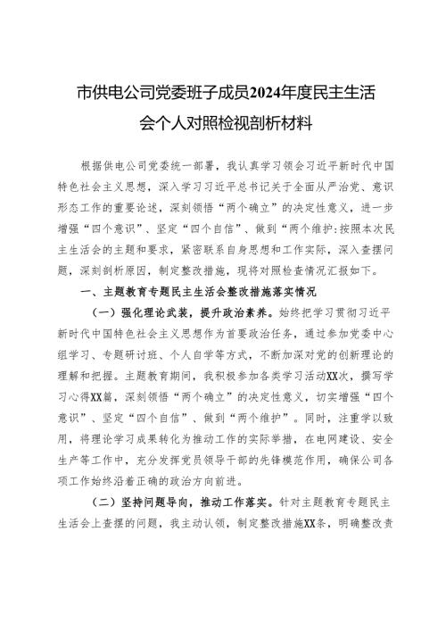 市供电公司党委班子成员2024民主生活会个人对照检视剖析材料.docx