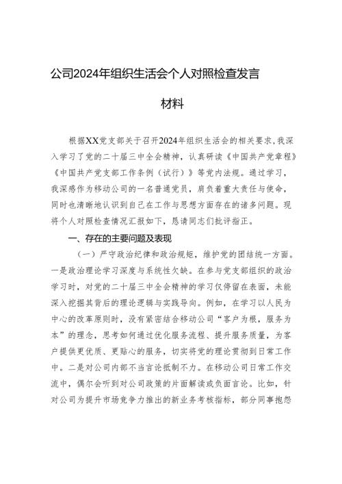 公司2024组织生活会个人对照检查发言材料.docx