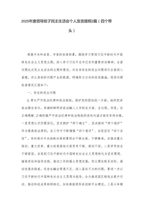 2025领导班子民主生活会个人发言提纲2篇.docx