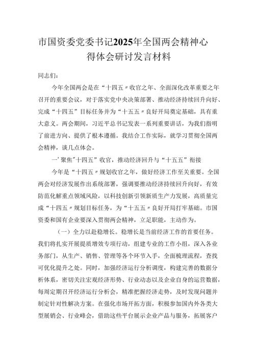 市国资委党委书记2025年全国两会精神心得体会研讨发言材料.docx