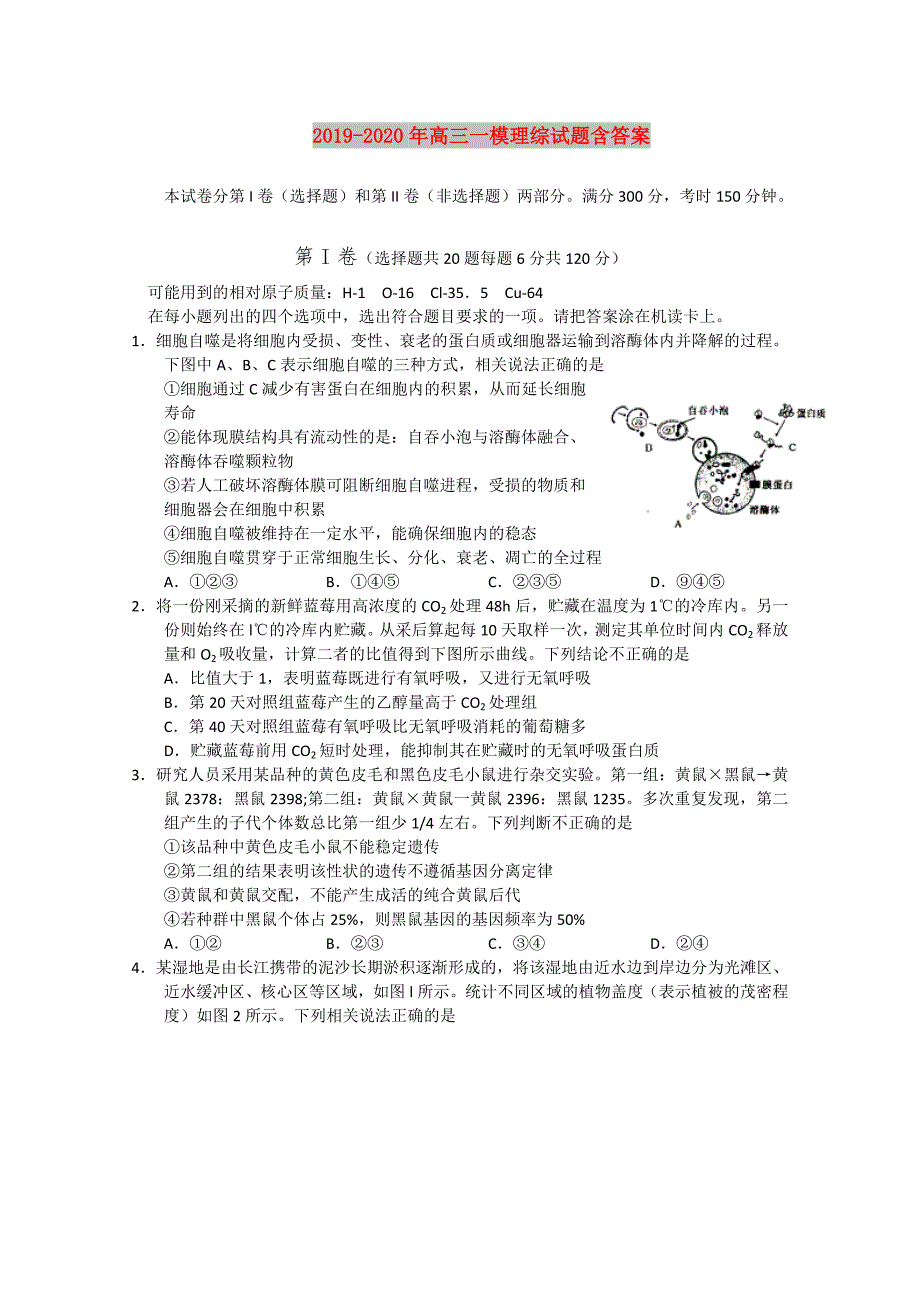 2019-2020年高三一模理综试题含答案.doc_第1页
