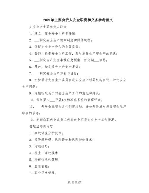 2021年主要负责人安全职责和义务参考范文.doc