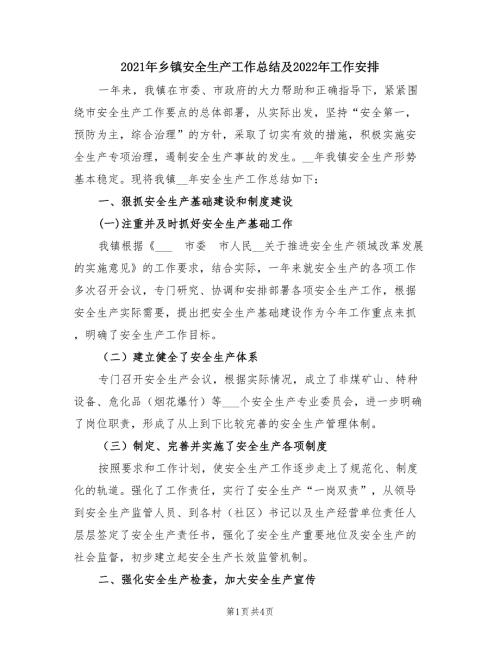 2021年乡镇安全生产工作总结及2022年工作安排.doc