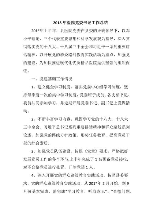 2018年医院党委书记工作总结.docx