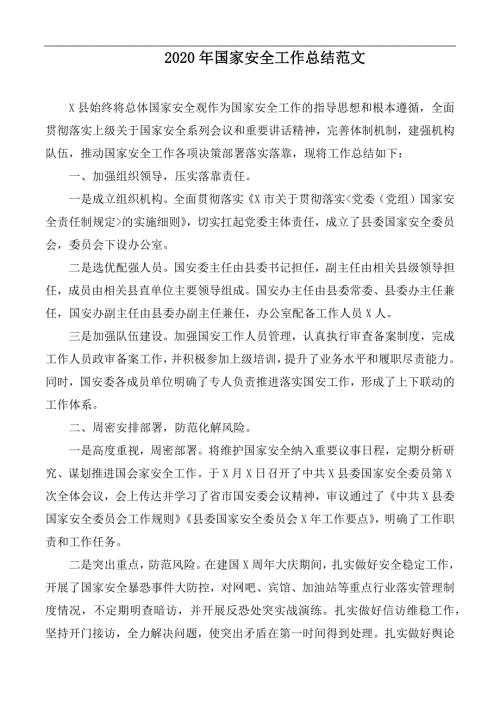 2020年国家安全工作总结范文.docx