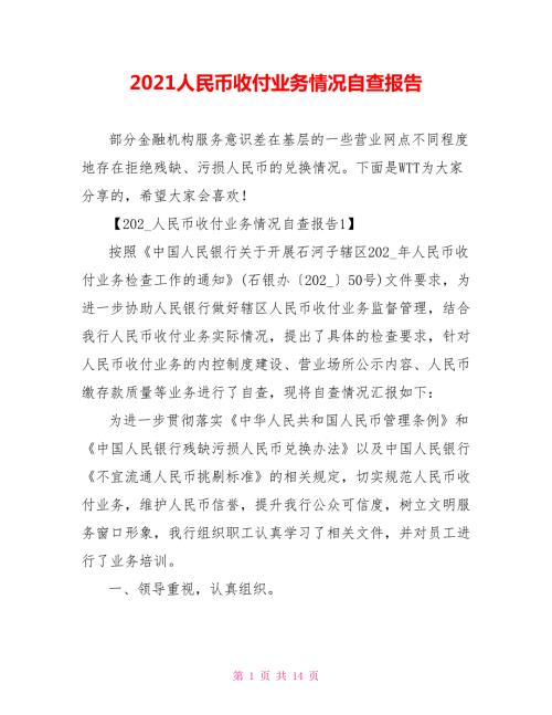 2021人民币收付业务情况自查报告.doc