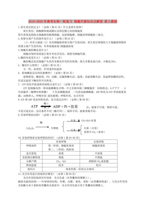 2019-2020年高考生物一轮复习细胞代谢知识点解读新人教版.doc