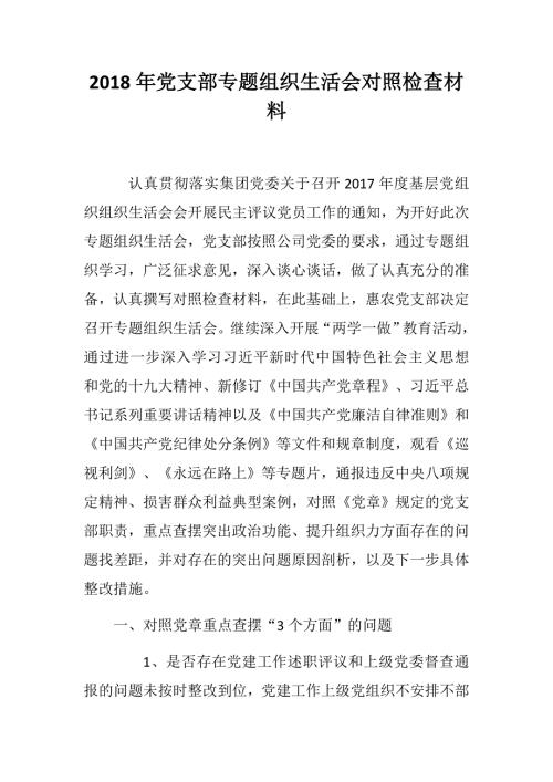 2018年党支部专题组织生活会对照检查材料.docx