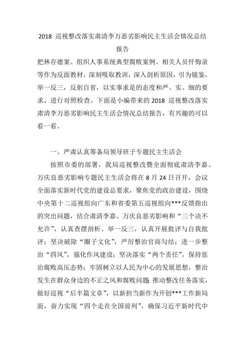 2018巡视整改落实肃清李万恶劣影响民主生活会情况总结报告清单.docx