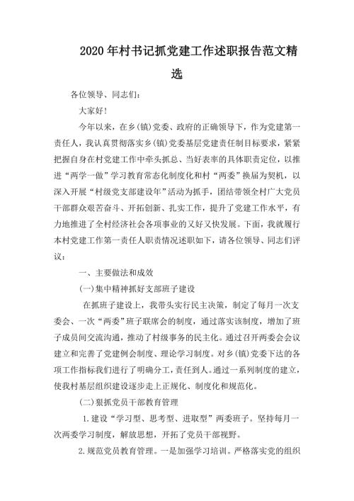 2020年村书记抓党建工作述职报告范文精选.doc