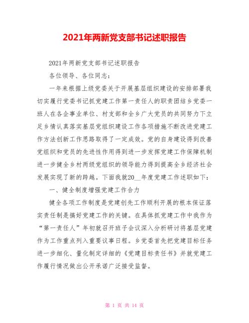 2021年两新党支部书记述职报告.doc