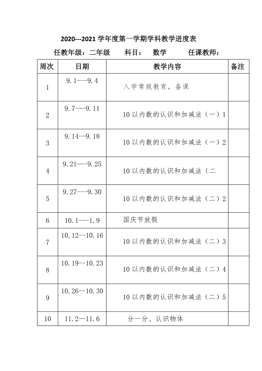 2020-2021年度秋新版部编版小学数学二年级上册教学计划进度表完整配套版本.docx_第2页