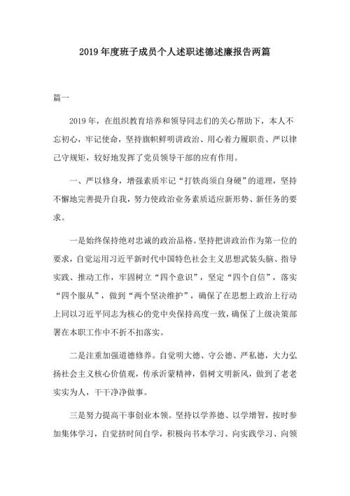 2019年度班子成员个人述职述德述廉报告两篇.docx