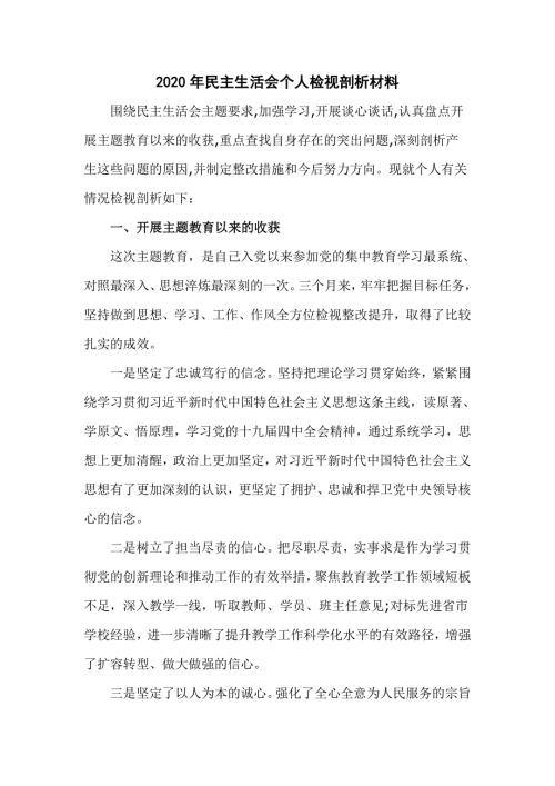 2020年民主生活会个人检视剖析材料主管教学副校长.doc