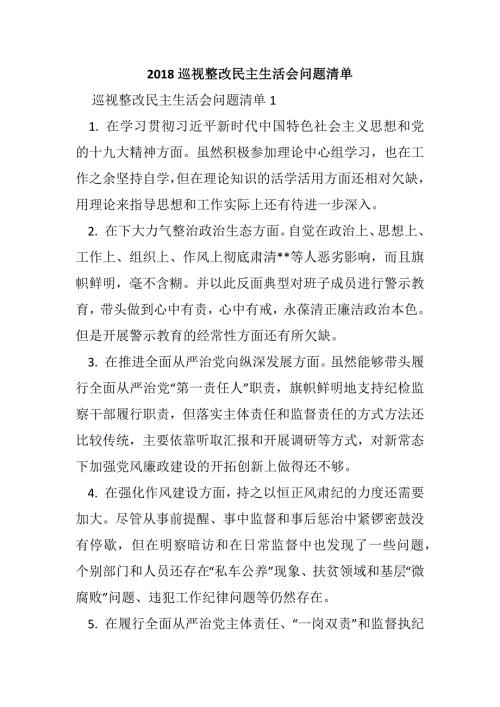 2018巡视整改民主生活会问题清单.docx