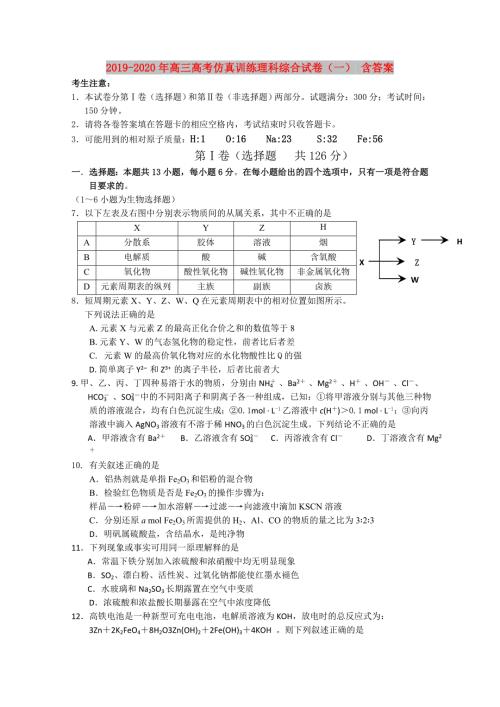 2019-2020年高三高考仿真训练理科综合试卷一含答案.doc