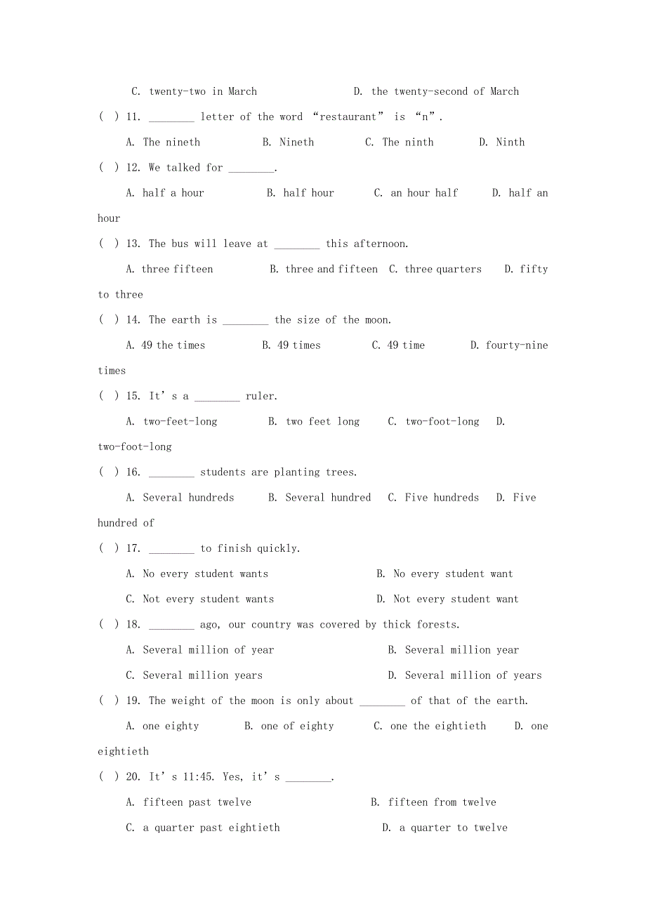 2019中考英语二轮复习数词单选题专项练习.doc_第2页