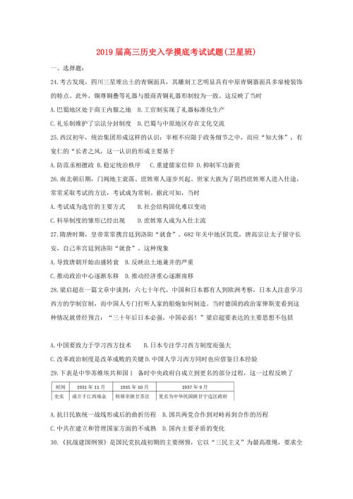 2019届高三历史入学摸底考试试题卫星班.doc