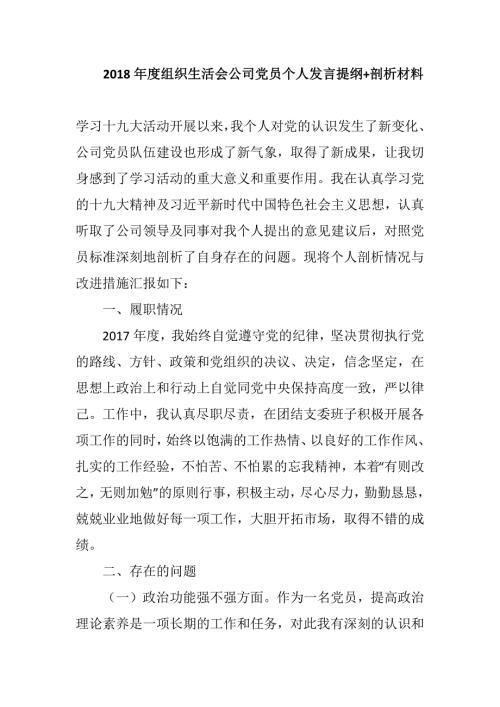 2018年度组织生活会公司党员个人发言提纲剖析材料.docx