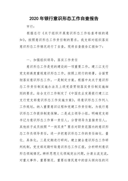 2020年银行意识形态工作自查报告.doc