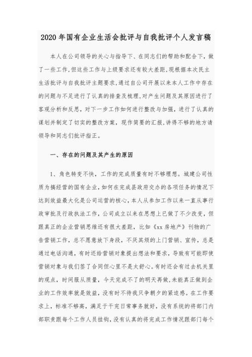 2020年国有企业生活会批评与自我批评个人发言稿.docx