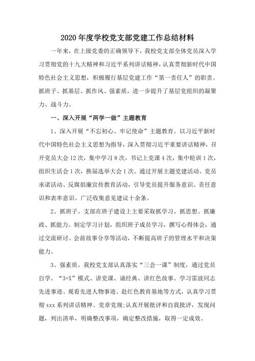 2020年度学校党支部党建工作总结材料.docx