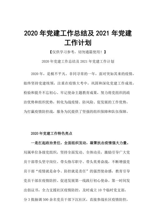 2020年党建工作总结及2021年党建工作计划.docx