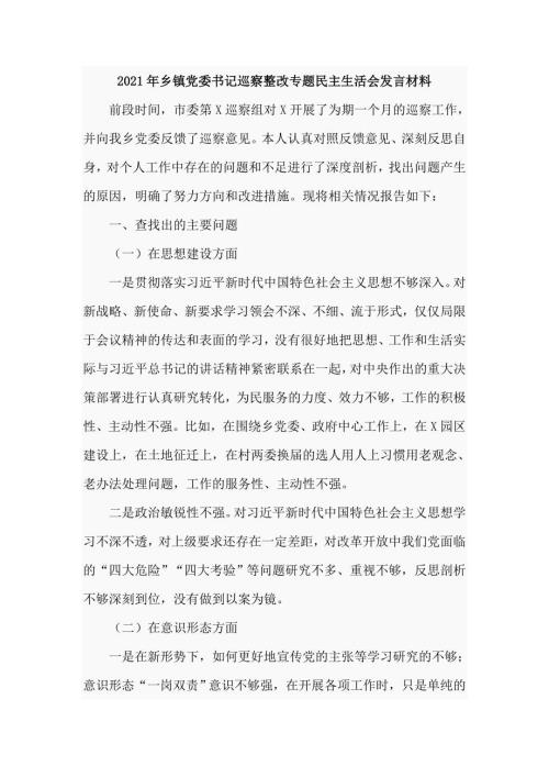 2021年乡镇党委书记巡察整改专题民主生活会发言材料五页.doc