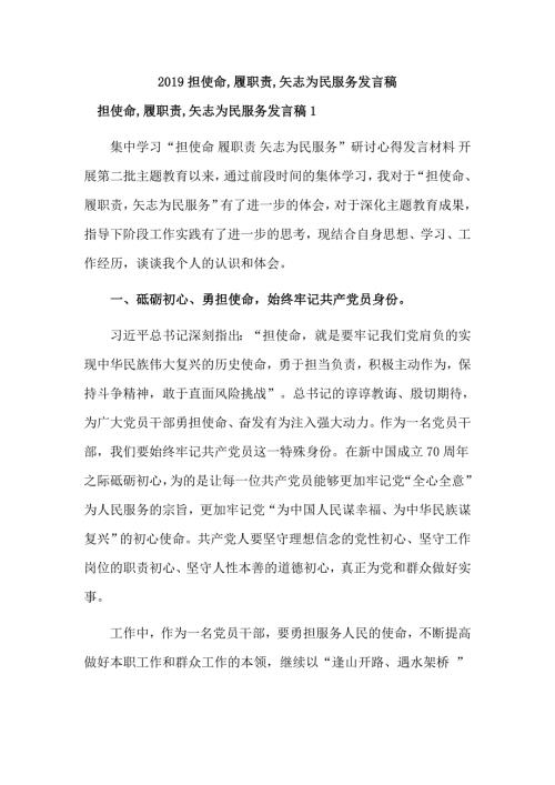 2019担使命履职责矢志为民服务发言稿.doc