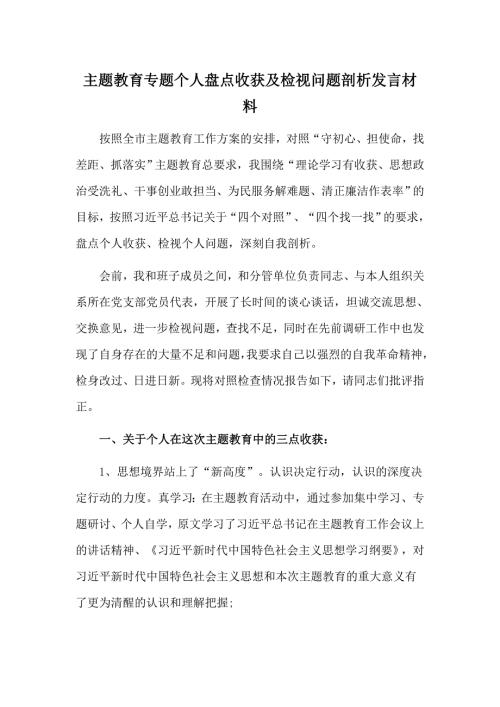 2019主题教育专题个人盘点收获及检视问题剖析发言材料.doc