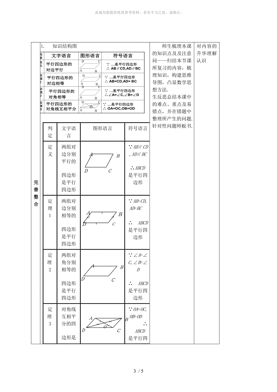 2019版中考数学专题复习专题五19-1平行四边形性质及判定教案.doc_第3页