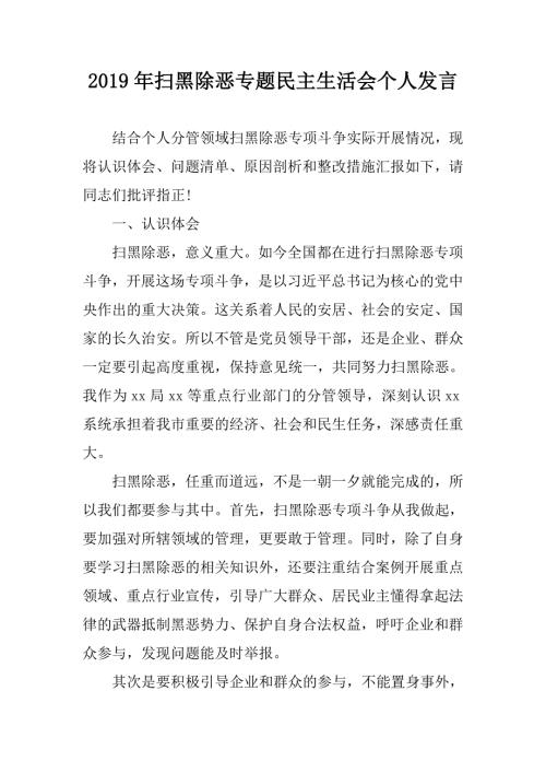 2019年扫黑除恶专题民主生活会个人发言.doc