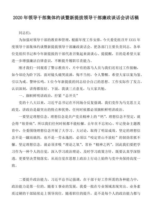 2020年领导干部集体约谈暨新提拔领导干部廉政谈话会讲话稿.docx
