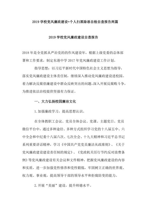 2019学校党风廉政建设个人扫黑除恶自检自查报告两篇.doc