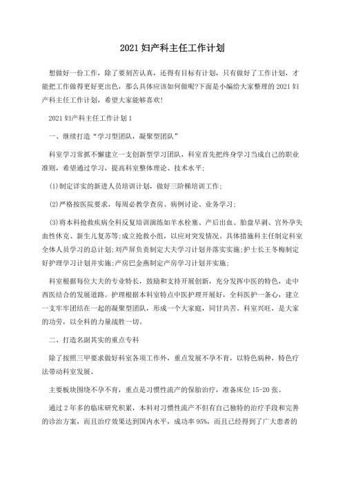 2021妇产科主任工作计划.docx