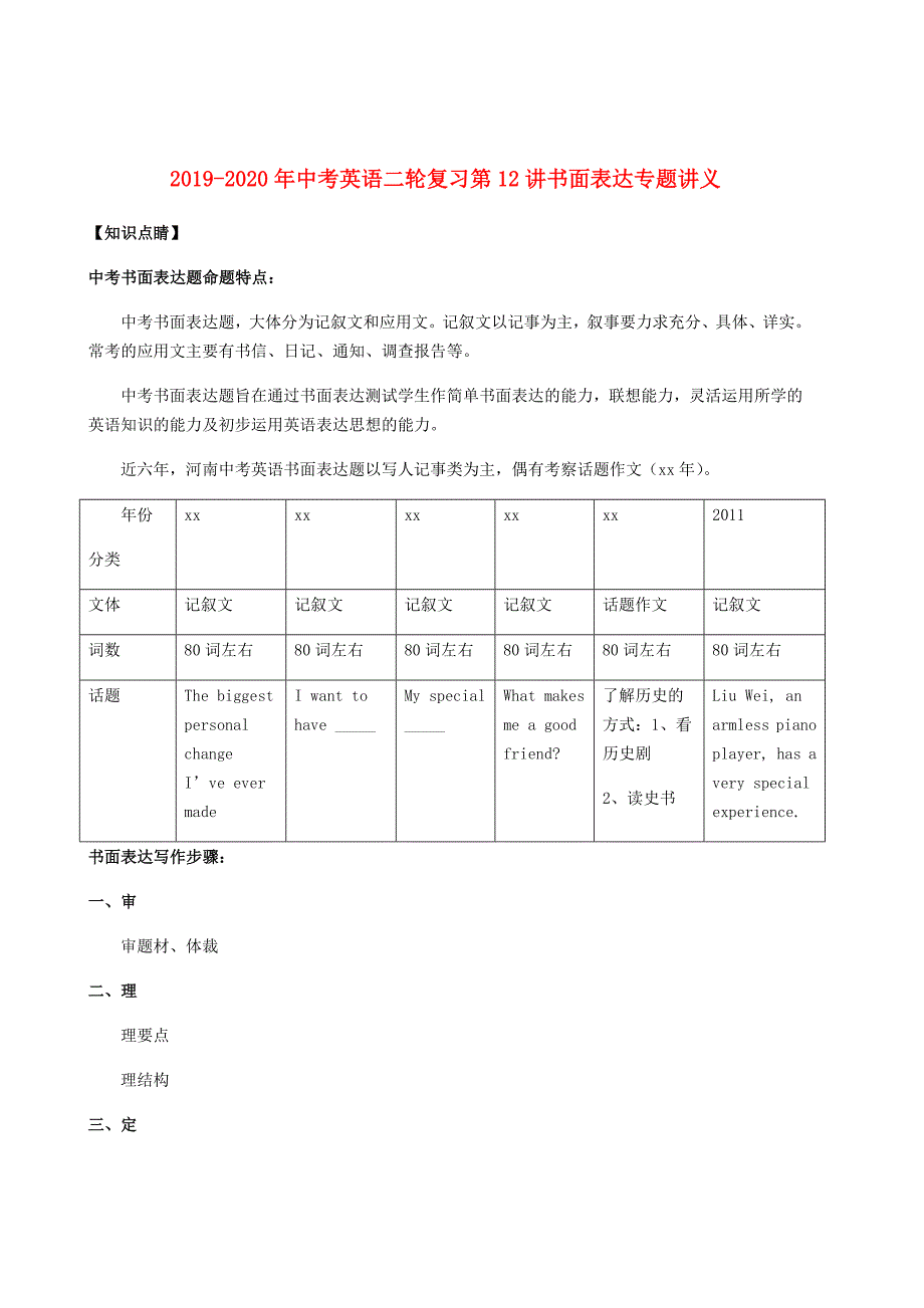 2019-2020年中考英语二轮复习第12讲书面表达专题讲义.doc_第1页
