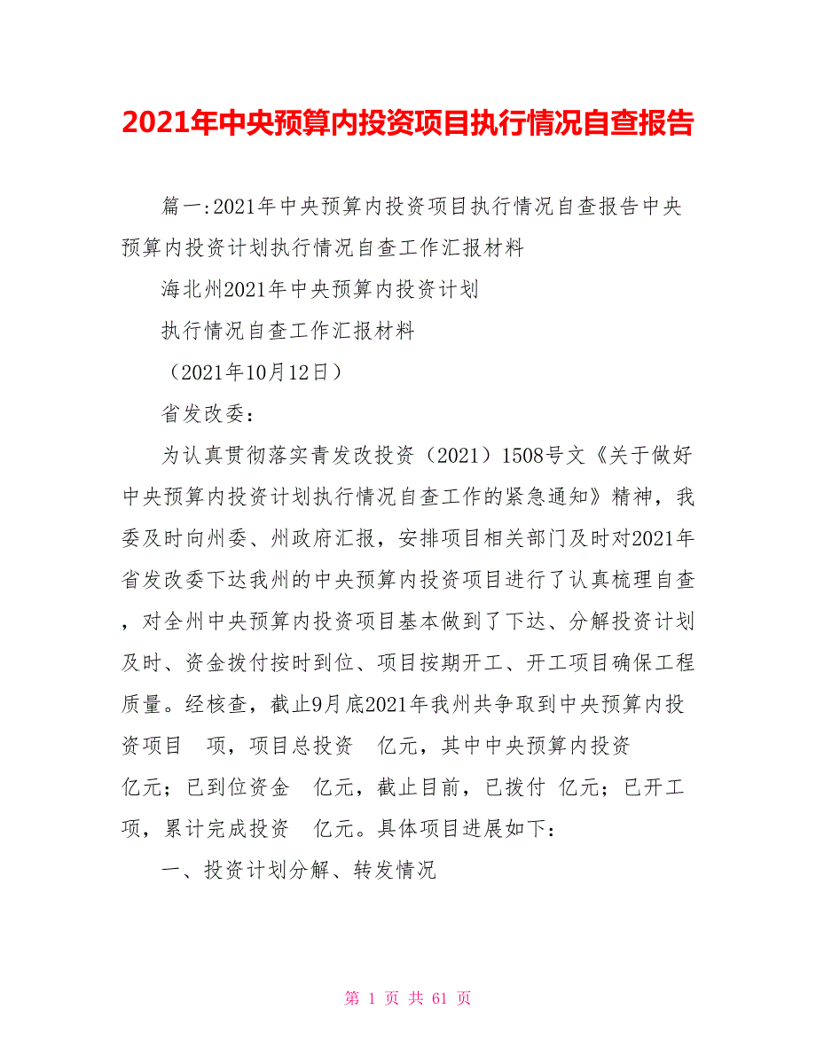 2021年中央预算内投资项目执行情况自查报告.doc_第1页
