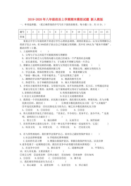 2019-2020年八年级政治上学期期末模拟试题新人教版.doc