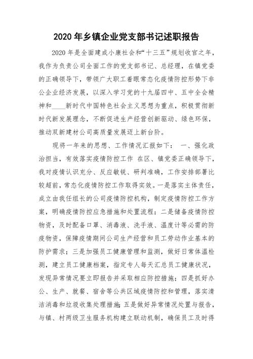 2020年乡镇企业党支部书记述职报告.doc