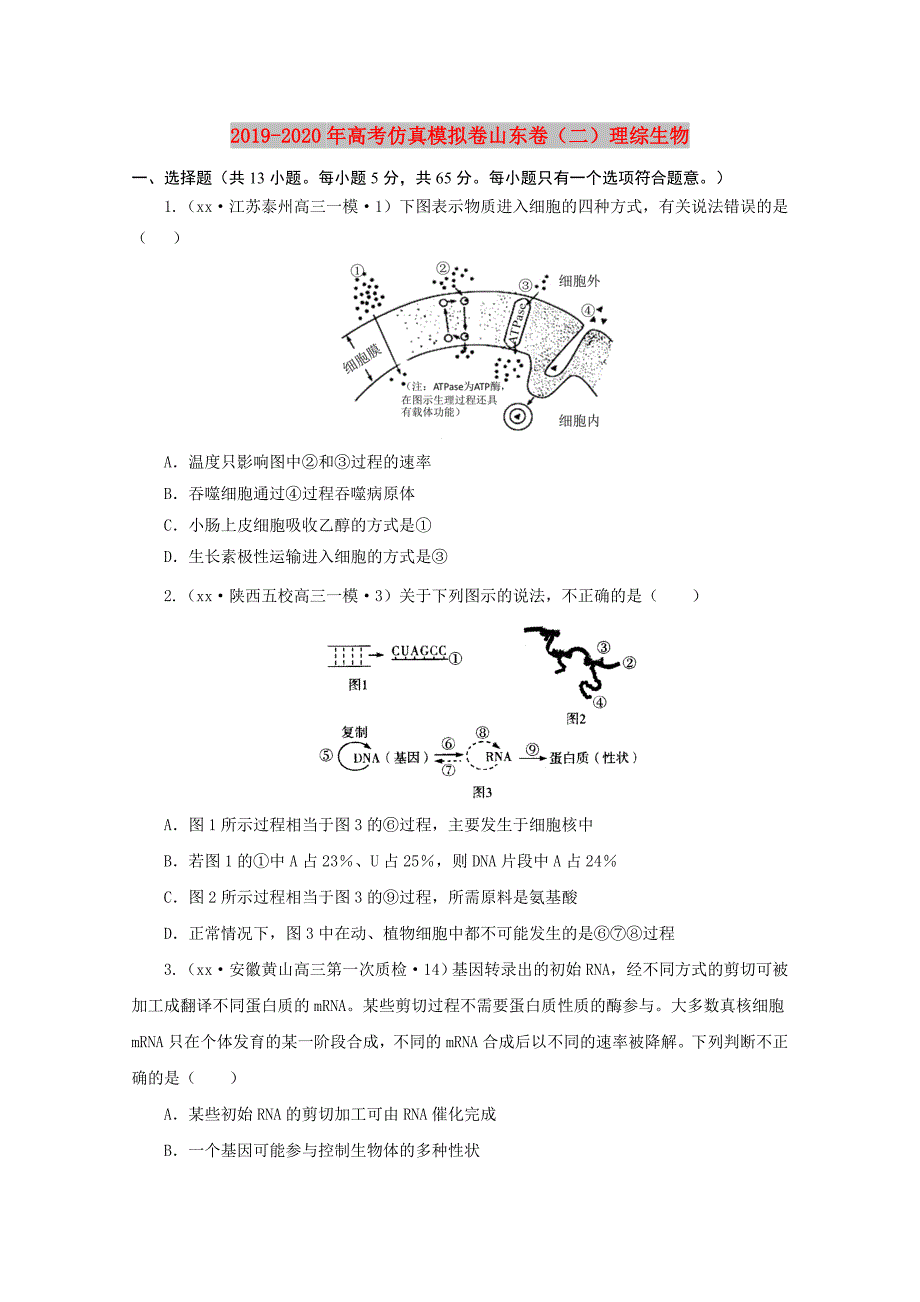 2019-2020年高考仿真模拟卷山东卷二理综生物.doc_第1页